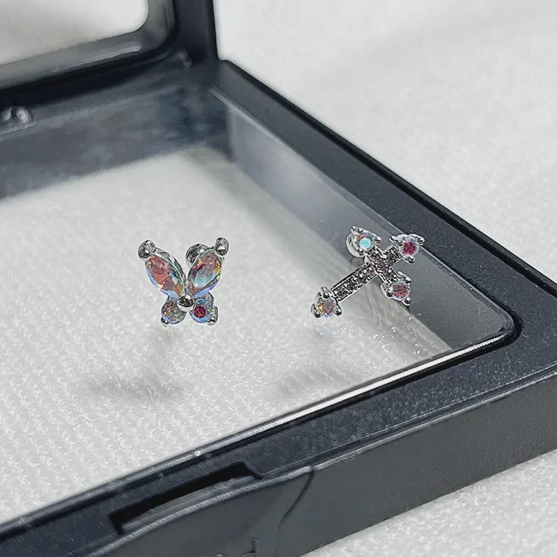 Colorful Zircon Butterfly Cross Earrings: Stylish Fairy Screw Ear Bone Studs for Women
