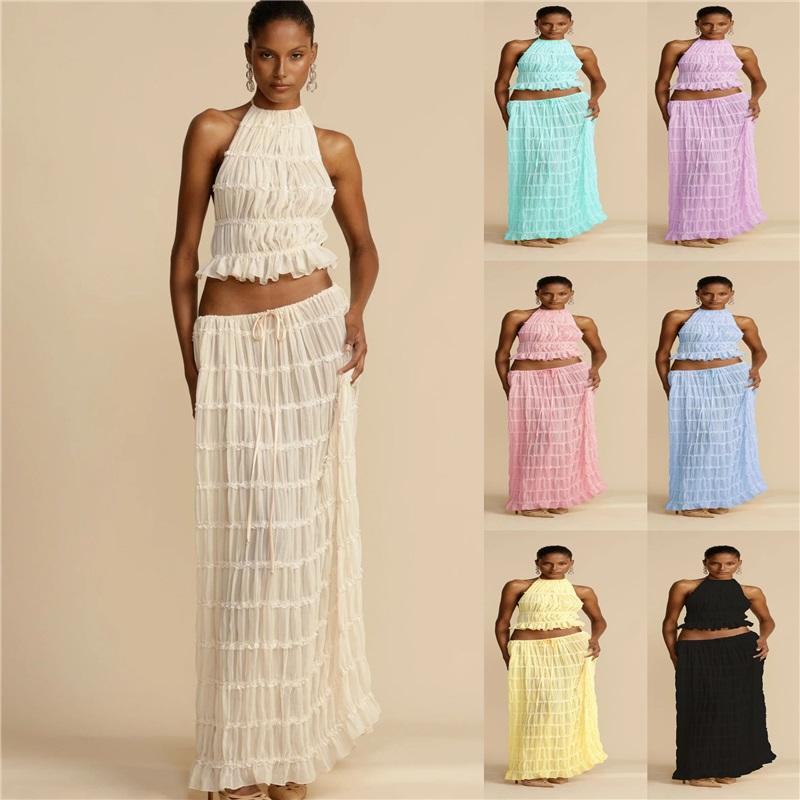 Damen Neuer einfarbiger 2-teiliger lässiger Neckholder-Tragekomfort Mehr Sommer Ärmellos Locker Urlaub Damen Rockanzug