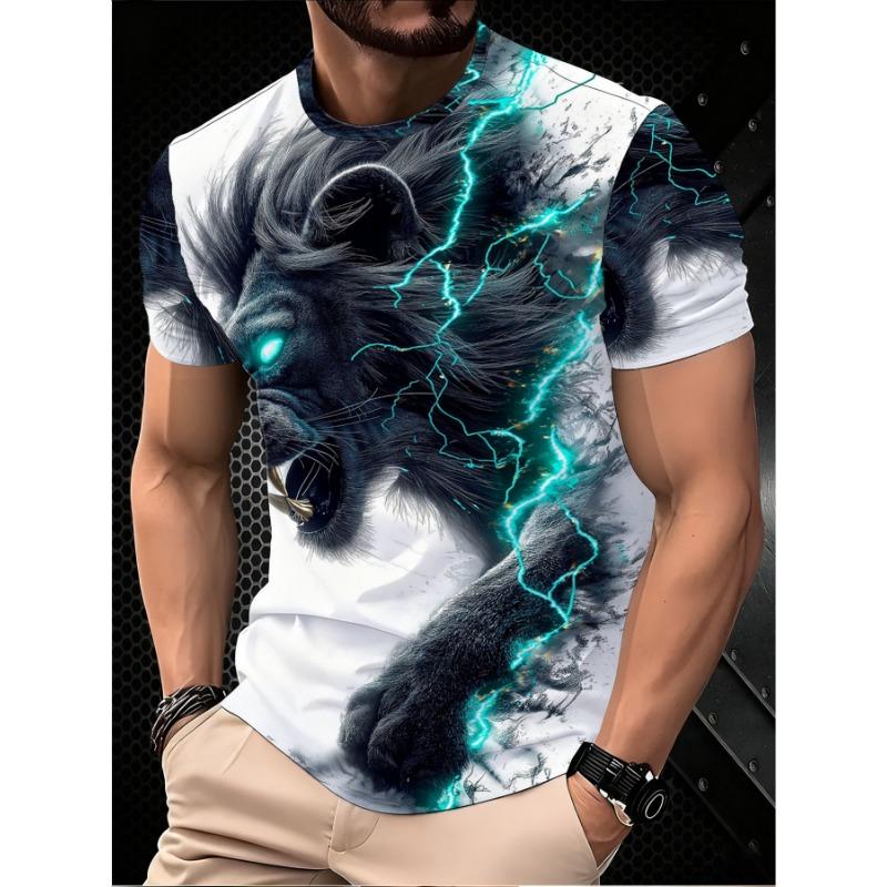 Men's Lion T-Shirt Cool Glowing Lightning Animal 3D Graphic Printed Casual Short Sleeve O-Neck Pullover Streetwear Summer Tee Tops Male Clothing