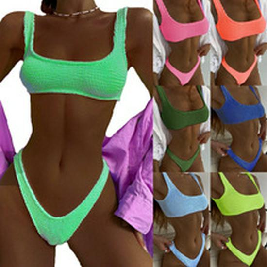 2022 Women's Fluorescent One-Piece Swimsuit - Crinkled Wavy Stripe, Candy Colors, Ruched Fabric.