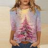 Women's Fashionable Casual Three Quarter Sleeve Christmas Printed Round Neck Top