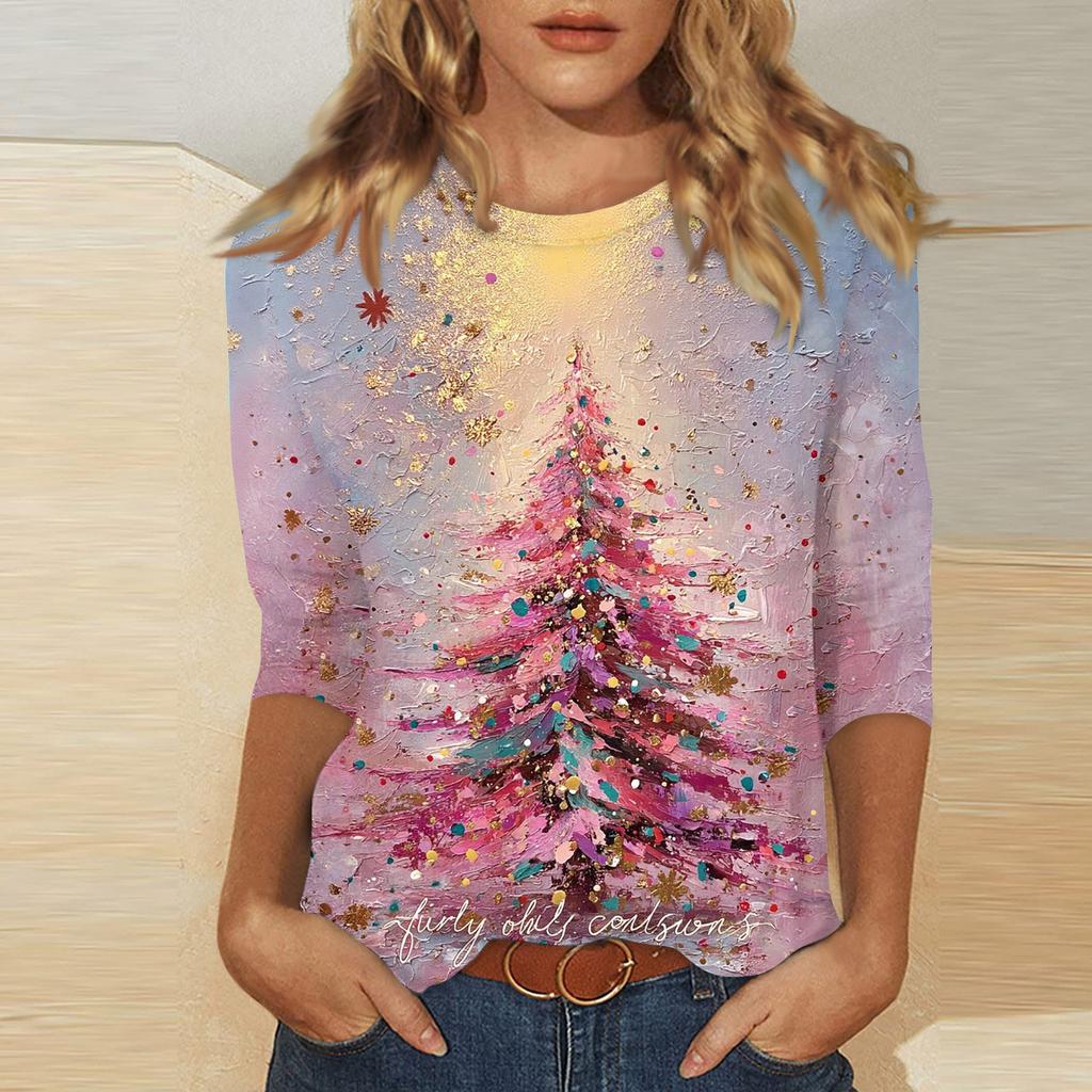 Women's Fashionable Casual Three Quarter Sleeve Christmas Printed Round Neck Top