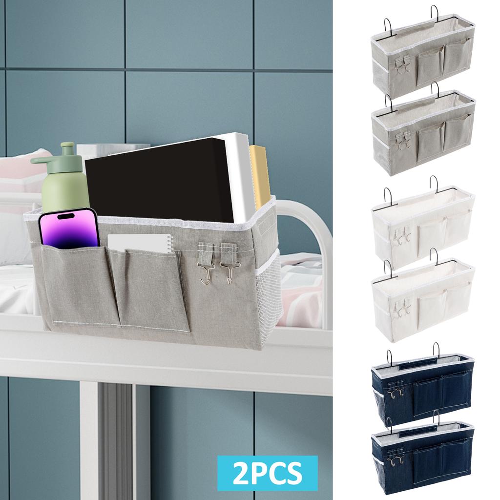 2Pcs Bedside Caddy Bed Organizer Bag with Pockets Canvas Hanging Hook Dorm Rooms Bed Bedroom Kitchen Storage Bag