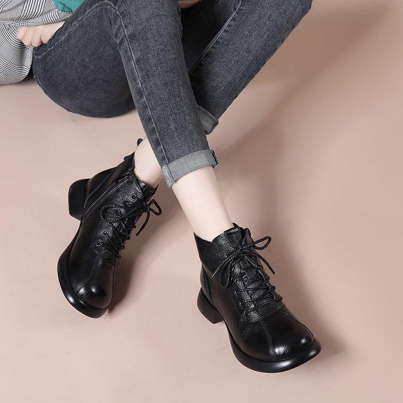 Brand Retro Black Brown Split Leather boots Woman Casual Lace Up Winter Snow Boots Non-slip Rubber Booties Ladies Ankle Botas