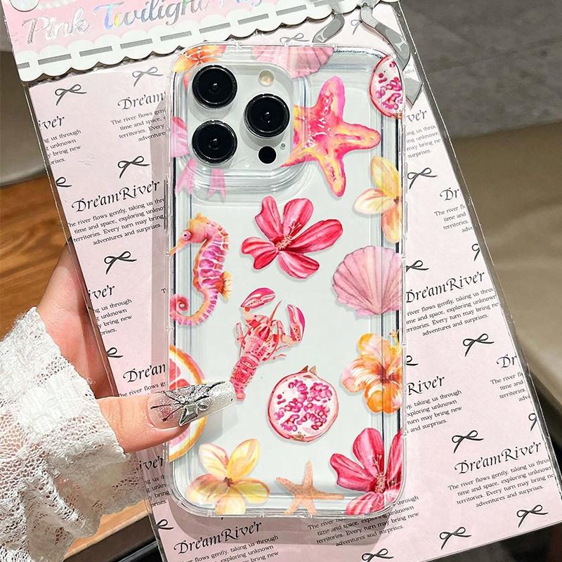 Coque de téléphone Design Fleur Tropicale & Animaux Marins Pour iPhone17 Air 16 16e 15 13 12 11 ProMax Pro Plus Anti-Choc Carcasa Cover