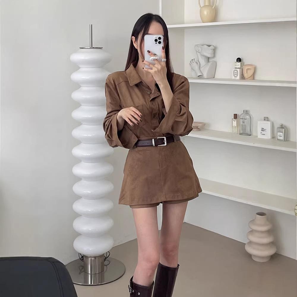 

Korean Chic Spring/Autumn Workwear: Elegant Long-Sleeve Shirt + Short Skirt Two-Piece Set for Women One Size коричневый