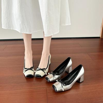 Retro Pig Nose Leather Ballet Shoes Women's Bow Silver Outer Wear Light Mouth Thick Heel Square Head Mary Jane Shoes