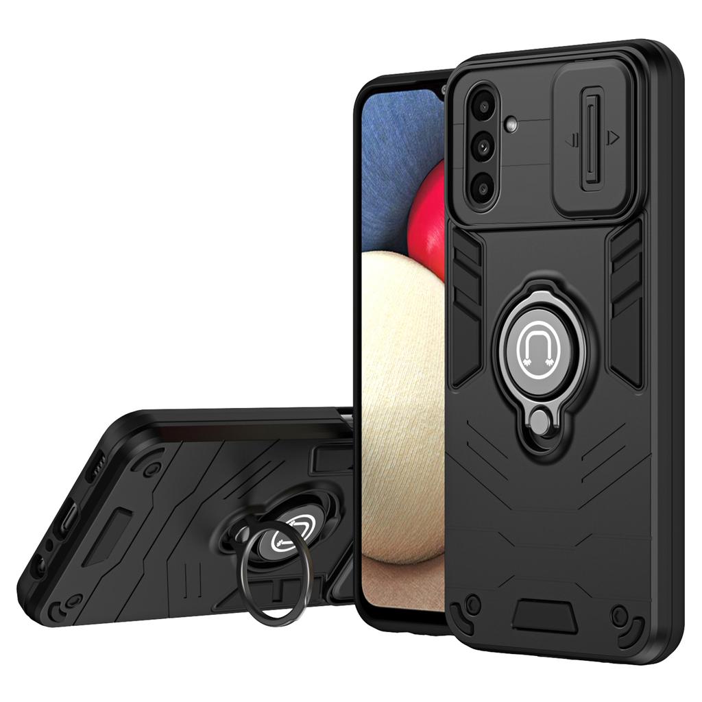 For Samsung Galaxy A14 5G/4G Case PC+TPU Ring Kickstand Phone Cover with Slide Lens Lid