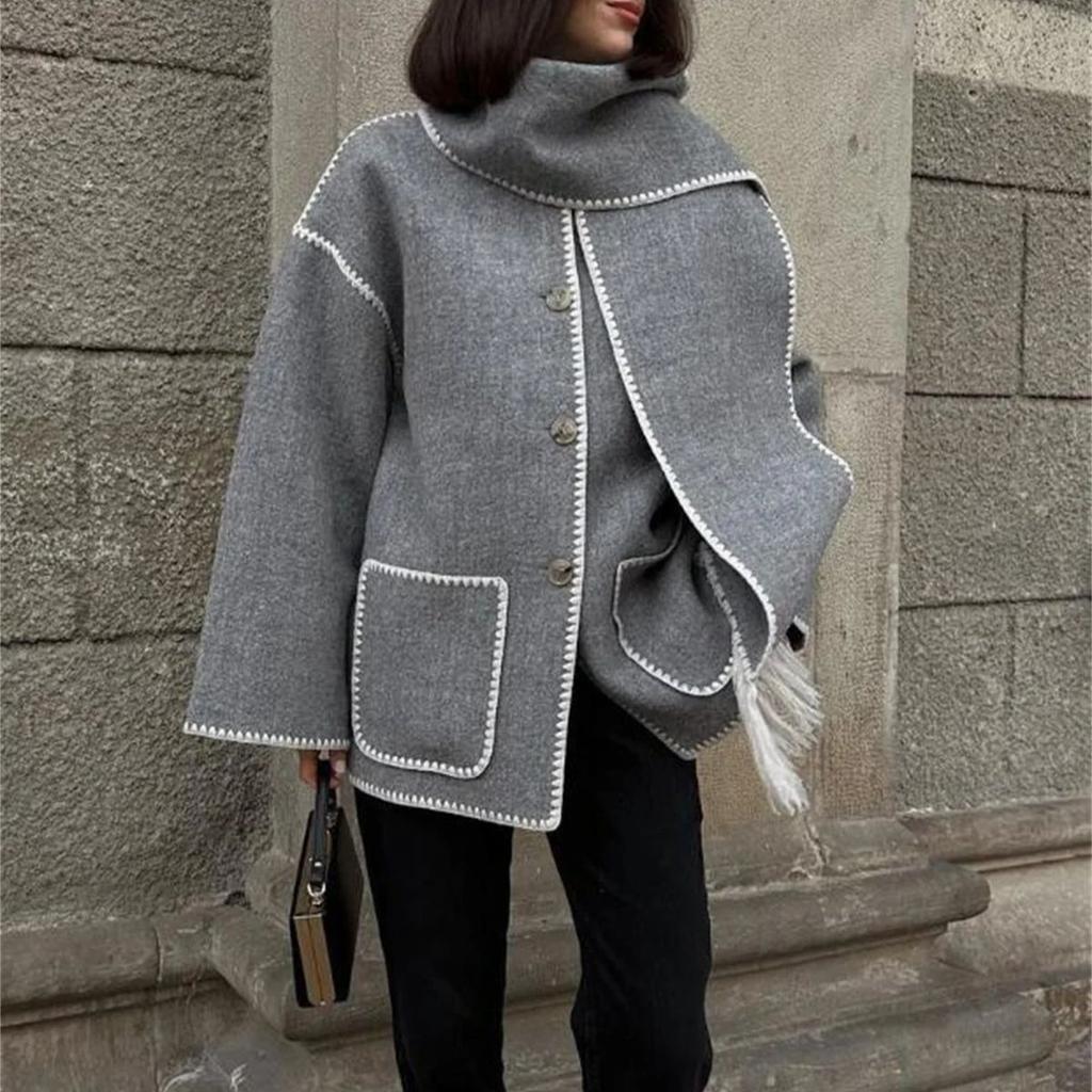Fashion Scarf Collar Coat for Women Loose Winter Autumn Loose Jackets Elegant Tassel Streetwear Casual Chic Long Sleeve Jacket