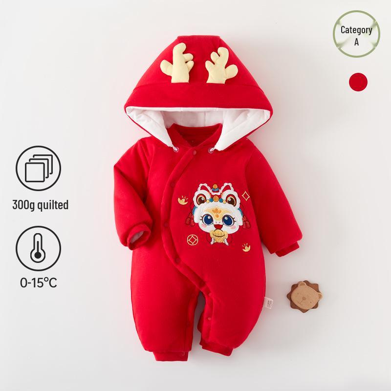 Red Fleece-Lined Quilted Baby Romper: Thick Winter New Year Outfit 59 cm