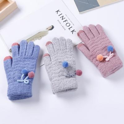 Women Knit Gloves with Cute Plush Ball Warm Hands Keeper Lady Touch Screen Gloves
