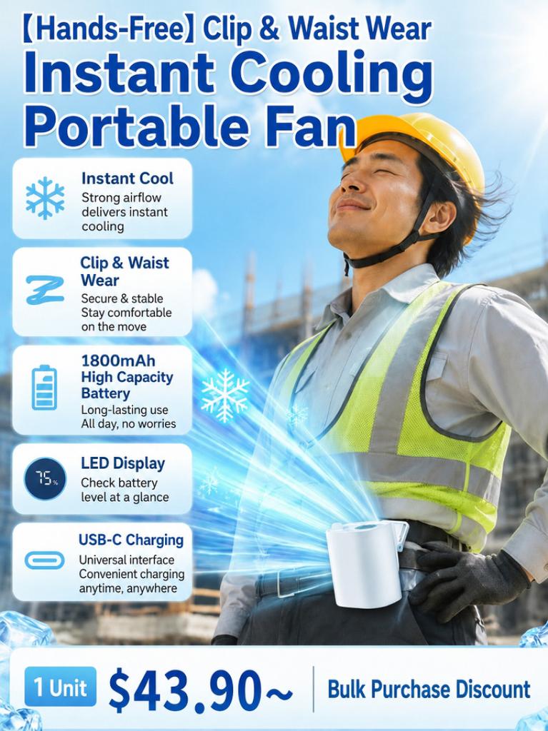 Desktop Clip-on Cooling Fan High-speed Adjustable 100-speed fan,USB Rechargeable Neck Fan for Travel Camping and Outdoors