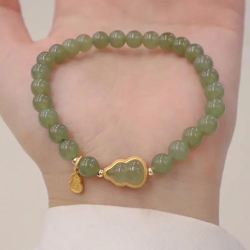 Classical Natural Hotan Jade Green Gourd Beaded Bracelet for Women Female Fresh Light Luxury Bangles Party Jewelry Gift