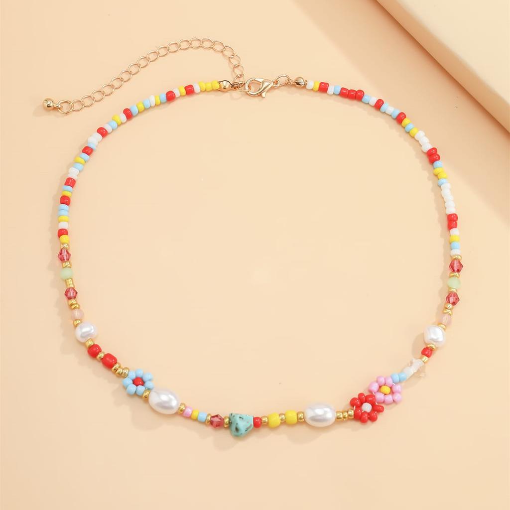 Blumen Dekor Perlenkette Handgefertigt Bunt Vintage Schlüsselbeinkette Regenbogen Rocailles Imitationsperlenkette