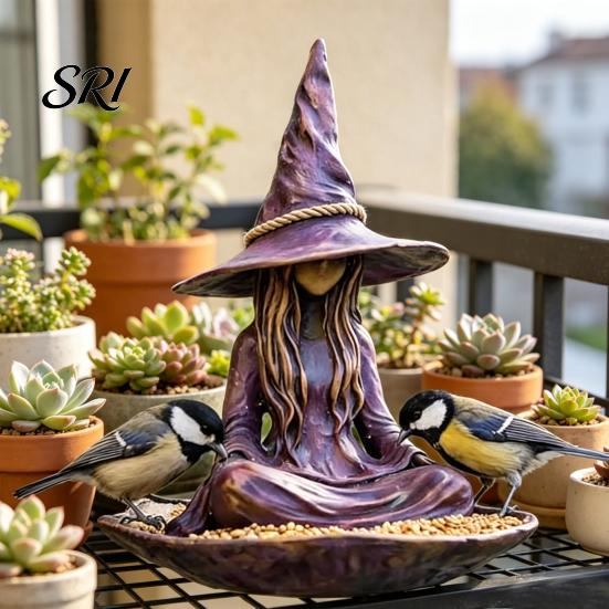Gartenstatue für den Außenbereich Meditierende Hexe Vogelhäuschen Harz Outdoor Hängende Fee Dekor Samen Draußen Zen Terrasse Hinterhof Dekorativ