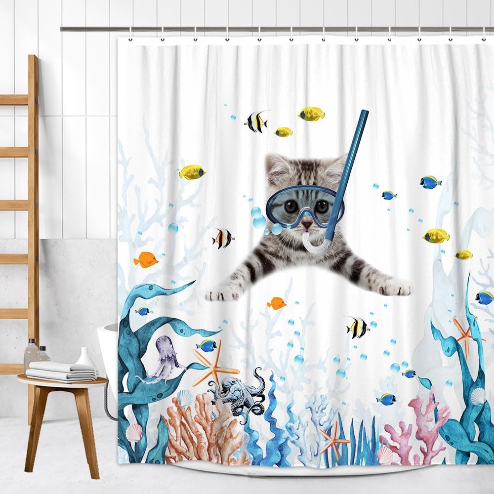 Funny Cat Shower Curtain,Cute Cat Teal Blue Sea Oceanshower Curtain Set,Underwater Animal Fabric Shower Curtains For Bathroom