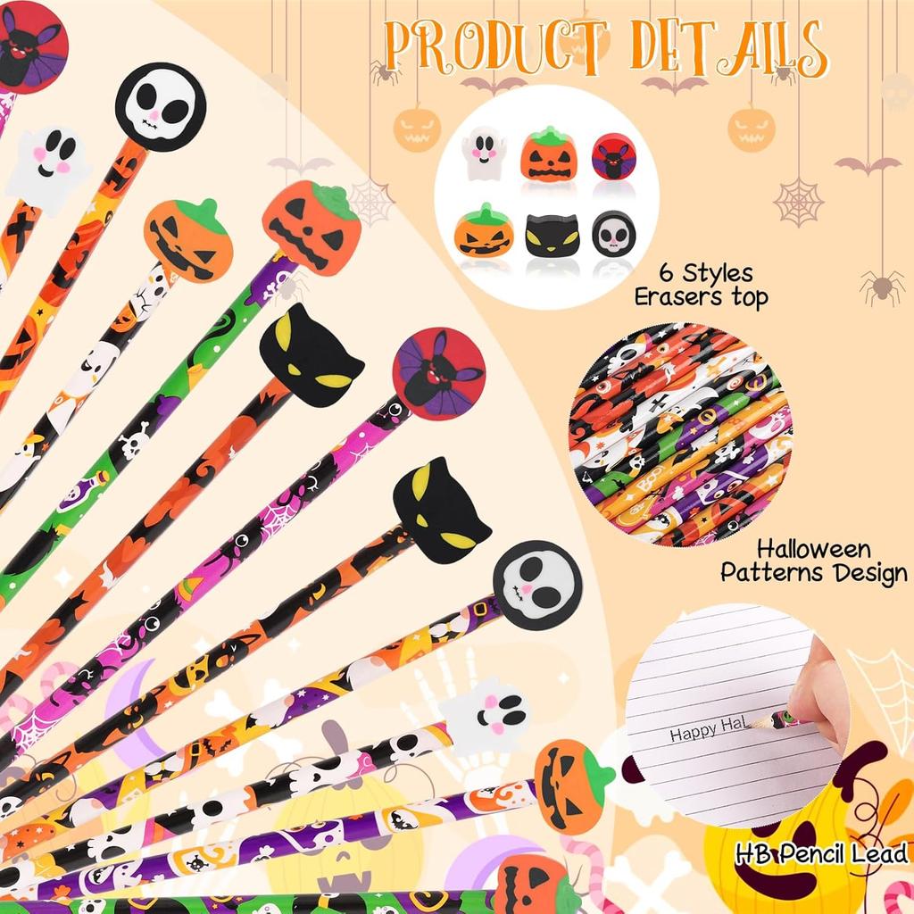 DIYASY 48 Pcs Halloween Pencils with Erasers, Holiday Wood Pencils Bulk for Kids Assorted Fall Pencil Set for Goodies Gift Prize Party Favor Supplies