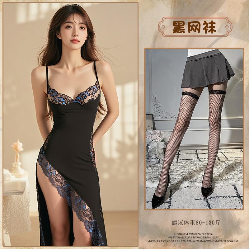 Sexy Lingerie Seduction Lace Sexy Split Suspender Long Dress Hot Nightclub Free Sex Uniform