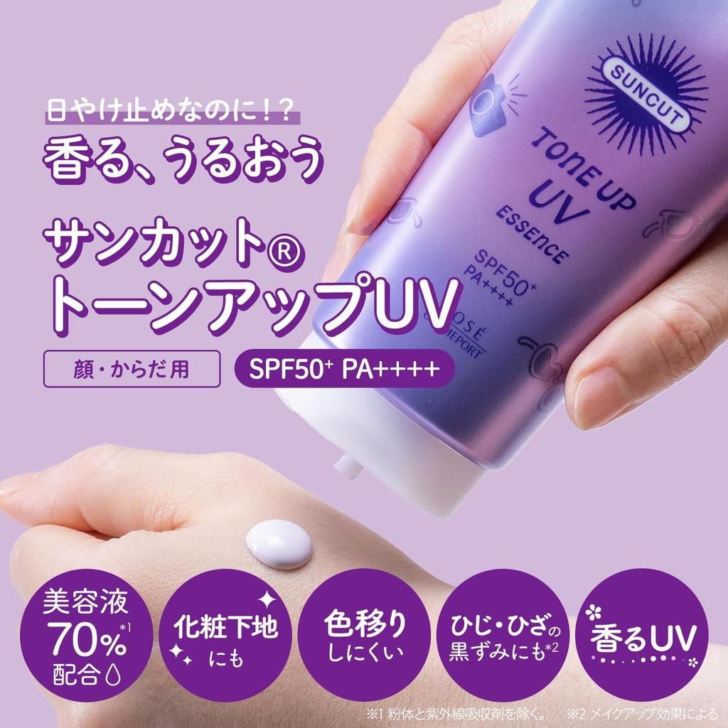 Suncut Tone Up UV Essence for Face and Contains Enhances Glow and Blocks and KOSE SPF50+ PA++++ UV-Resistant Lavender, 80g, Body. 70% Serum. Skin's