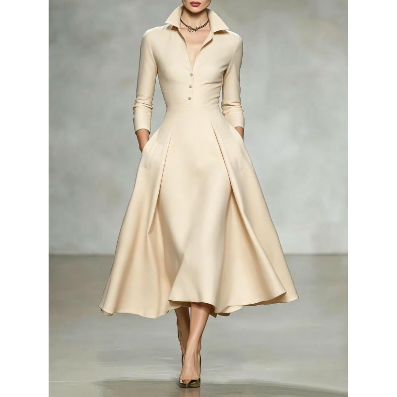 Womens Elegant V-Neck Waist-Cinched Long Sleeve Midi Dress Winter 2026 Loose Fit Solid Color Office Casual