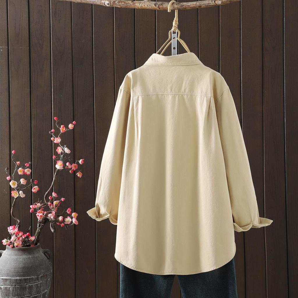 Women's Artistic Brushed Cotton Long-Sleeve Shirt, Autumn 2025 New Arrival, Loose Casual Mid-Length Top