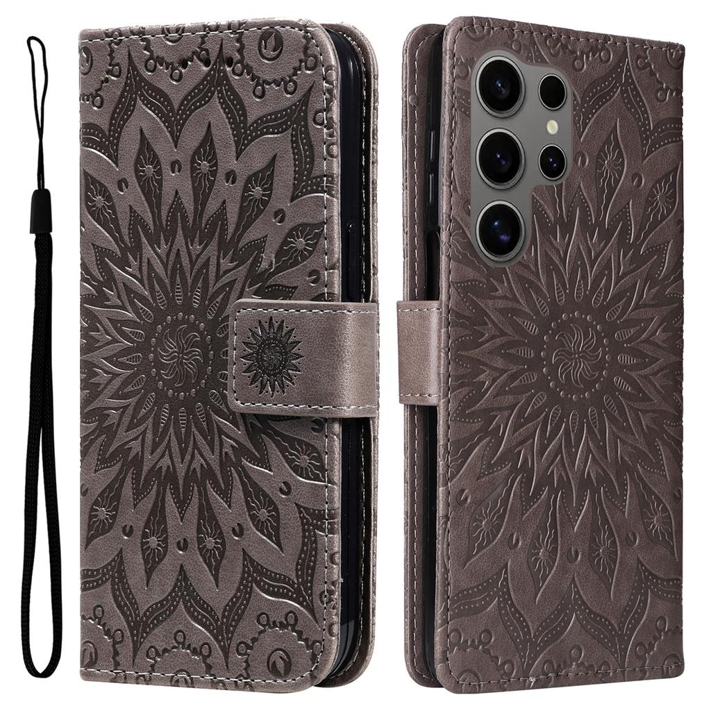 For Samsung Galaxy S25 Ultra Phone Case Sunflower Imprinted Leather Wallet Stand Cover with Strap