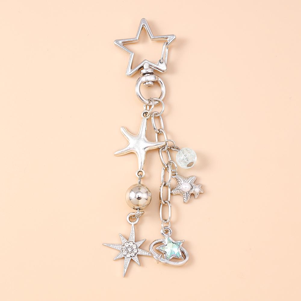 Fashion Star Moon Keychain Crystal Pearl Key Ring Pendants for Women Girls Handbag Decor DIY Handmade Key Chain Gifts