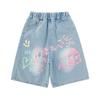 Girls' Summer Cartoon-Print Loose-Fit Denim Shorts: High-Waisted, Lightweight Cropped Shorts