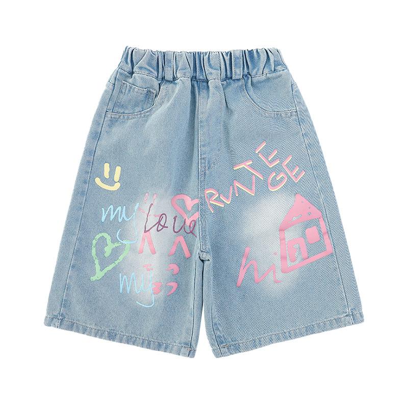 

Летние джинсовые шорты для девочек, мультяшные, модные, универсальные, джинсовые шорты, свободные брюки длиной пять четвертей, тонкие брюки 170