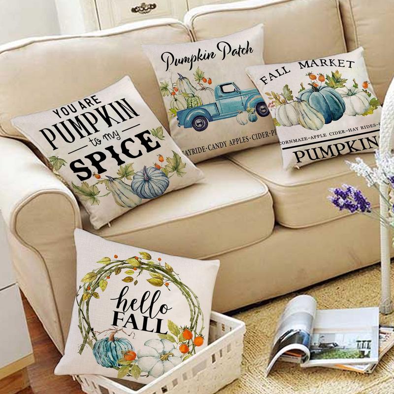 Fall Throw Pillow Covers 4Pcs Pumpkin Linen Pillow Covers For Thanksgiving Soft Comfortable Cushion Covers Decorative For Sofa