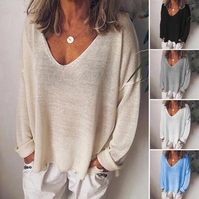 Women T-shirt V-Neck Long Sleeve Loose Fit Tee Shirt Solid Color Breathable Casual