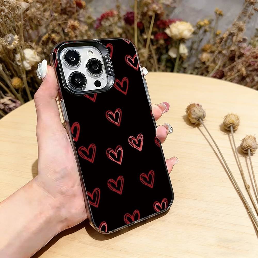 Cute Pink Love Heart Phone Case For iPhone 17,16,15,14,13,12,11 Plus,Pro Max,XS,Colorful Silver Black Cover