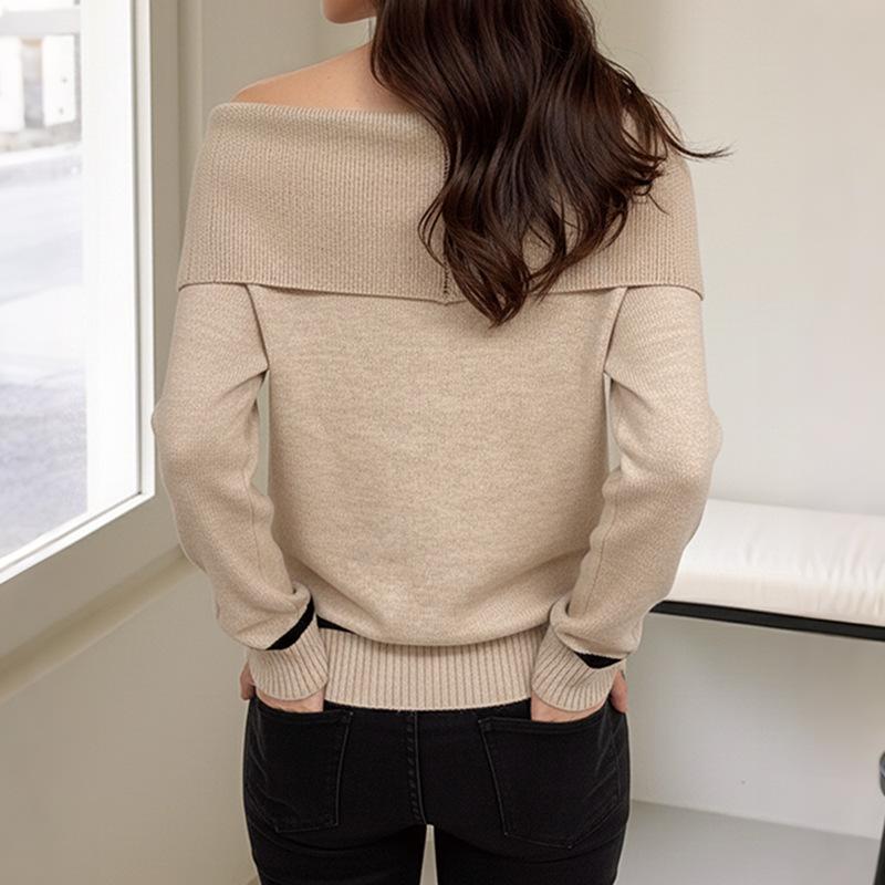 New Diamond-shaped Casual and Laid-back Lapel One-shoulder Pullover Knitted Sweater for Women In Autumn and Winter
