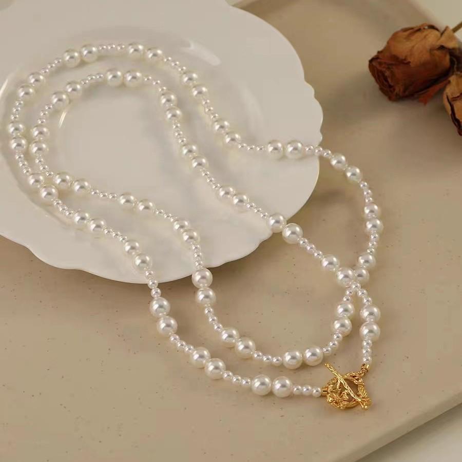 Long Alternating Pearl Necklace with OT Clasp - Stackable Sweater Chain, Autumn/Winter Jewelry (120cm) NL102