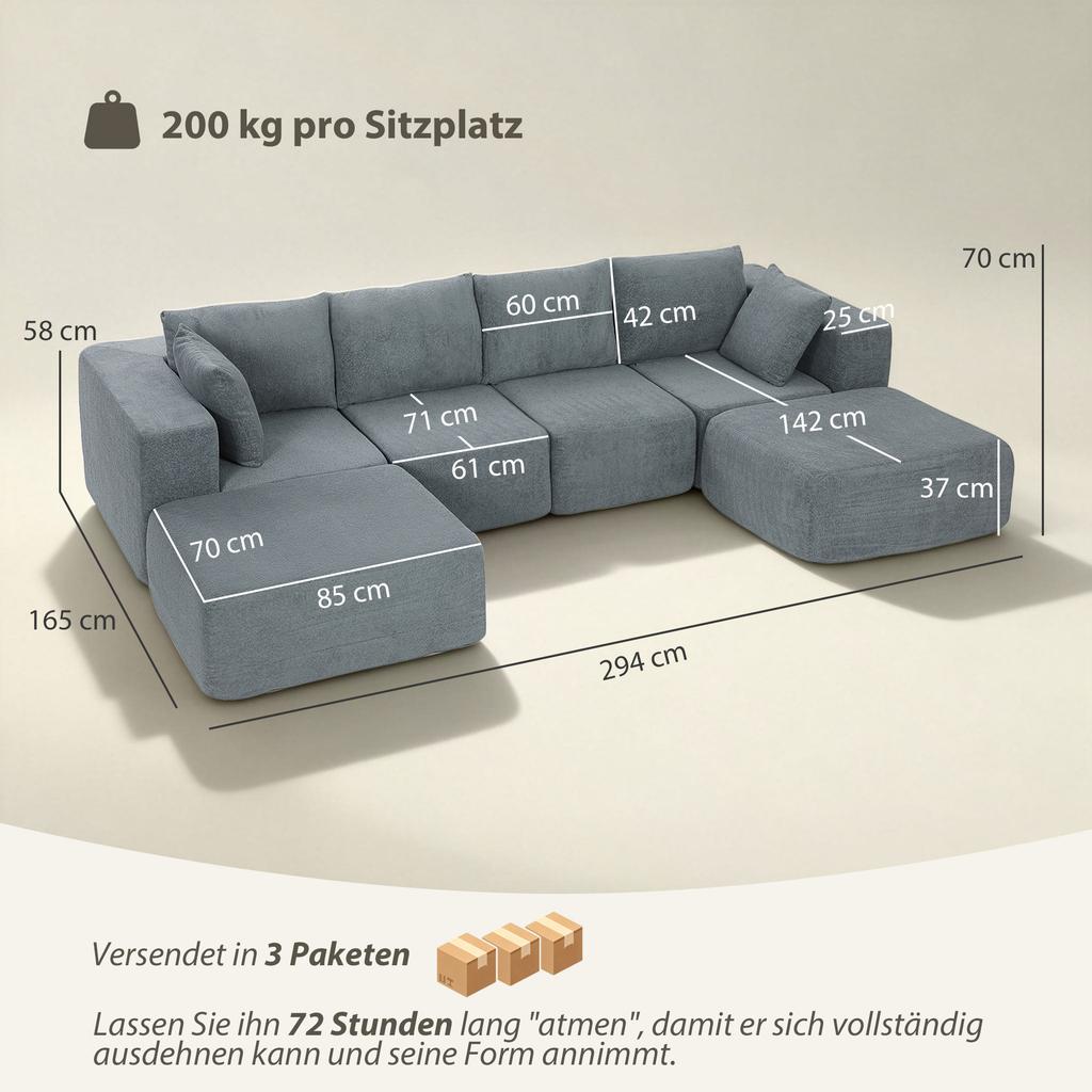 Modulares Ecksofa, U-förmiges Sofa mit breiter und tiefer Sitzfläche, 2 Hocker, Dunkelgrau