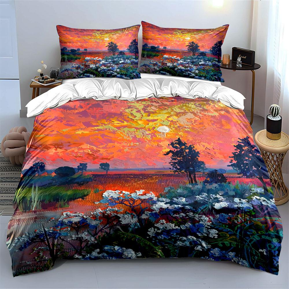Sunset, Trees, Flowers, Landscape. Bedding Sets Duvet Cover Sets Duvet Covers Pillowcases(1 * Duvet Cover 2 * Pillowcases Without Duvet Insert)