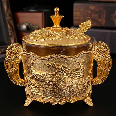 Europäischer Stil Butterdose, Gravur Pfau Goldlegierung Mit Deckel Salz Kaffeebohnen Behälter, Gewürzaufbewahrungsglas, Küchenwerkzeuge