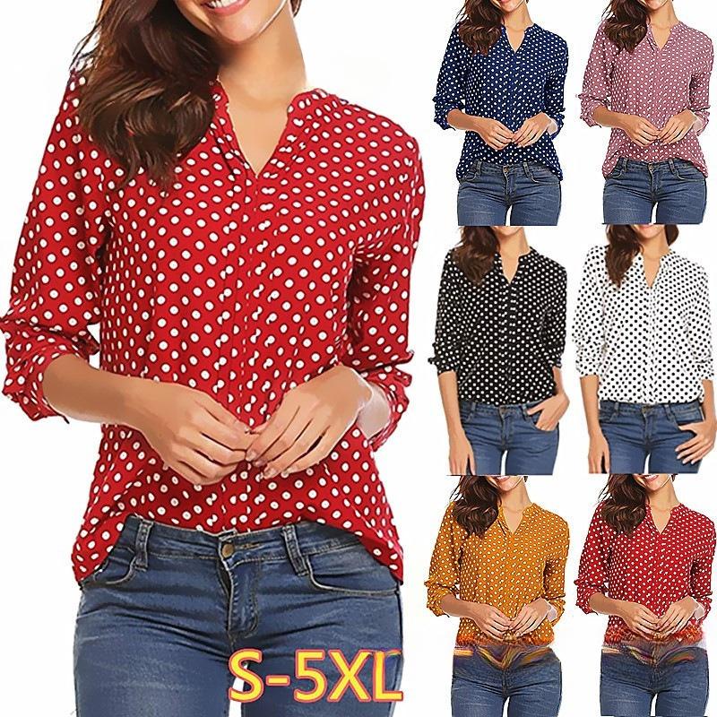 

New Shirt with Polka Dot Print Long Sleeves and Loose Sleeves for Women 5XL чорний