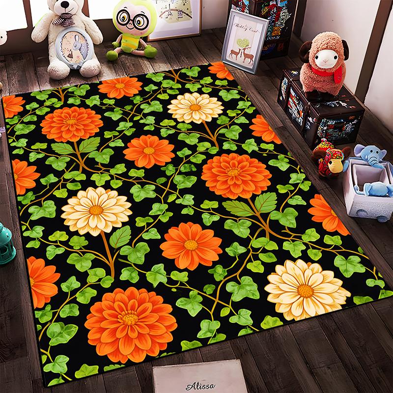 Floral Carpet with Orange and White Flowers On Black Background Suitable for Use As an Anti-slip for Living Room Bedroom Sofas