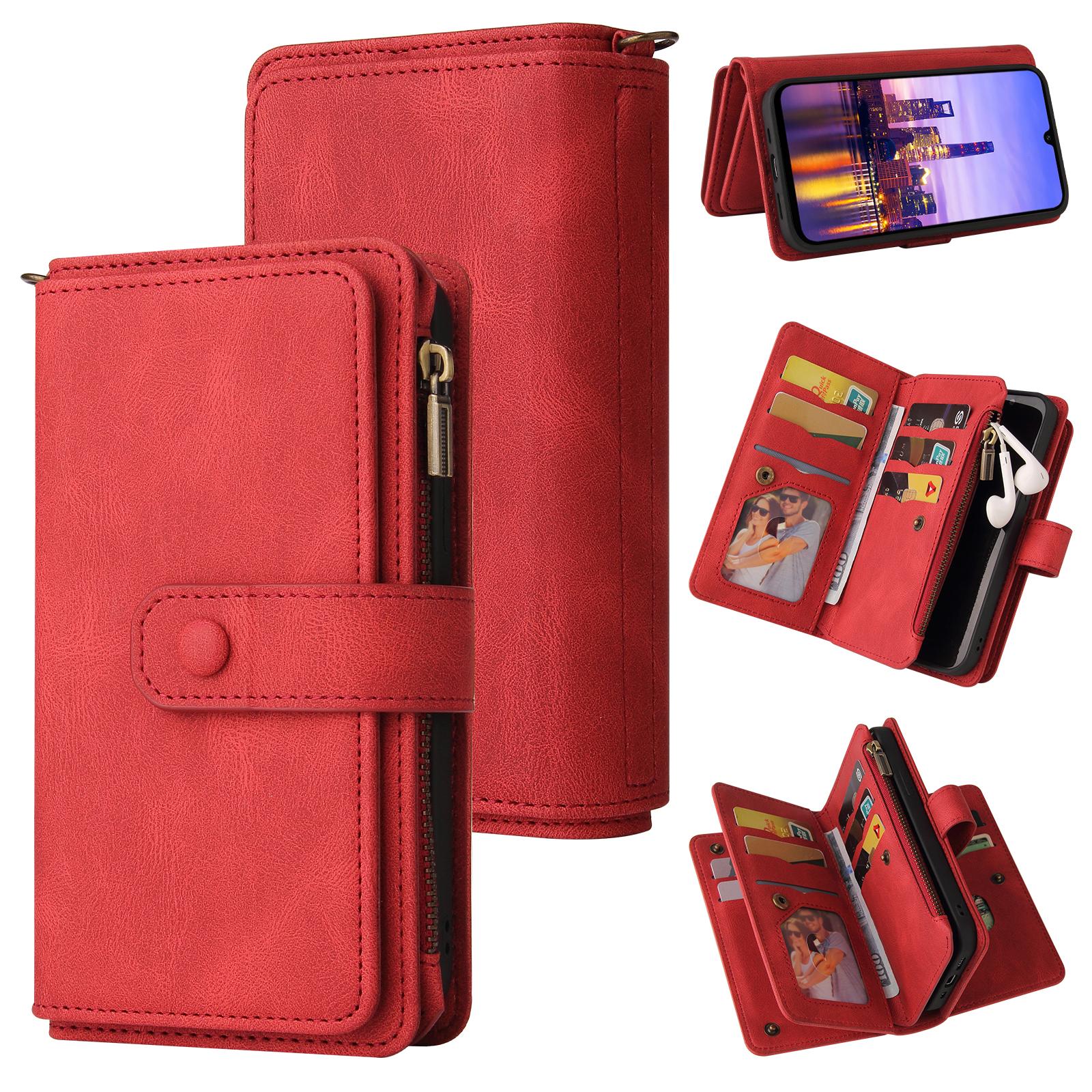 

For Samsung Galaxy A17 5G/A26 5G/A16 5G/A16 4G Zipper Wallet Case with 15 Card Slots and Strap Leather Phone Cover Red