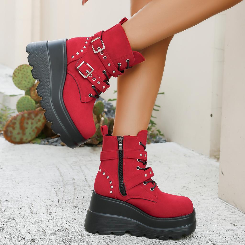 Fashion Women Ankle Boots Stylish Punk Chic Platform Wedge Heeled Boots Women Lace Up Ankle High Comfortable Versatile Shoes Women