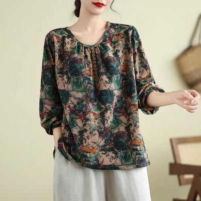Chinese Style Vintage Autumn Winter Women's O-Neck Button Printing Simplicity Fashion Long Sleeve Loose Pullovers T-Shirts Tops