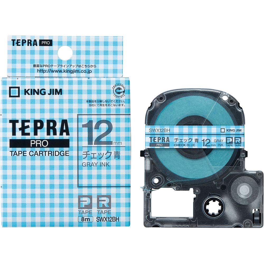King Jim Genuine Tepra PRO Tape Patterned 12mm Checkered 8m SWX12BH Cartridge, Label, Blue/Gray Text, Length, серый