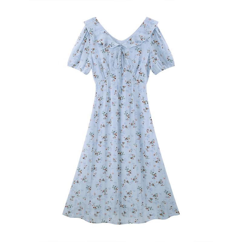 French Elegant Ruffle Tie-Waist V-Neck Printed Midi Dress