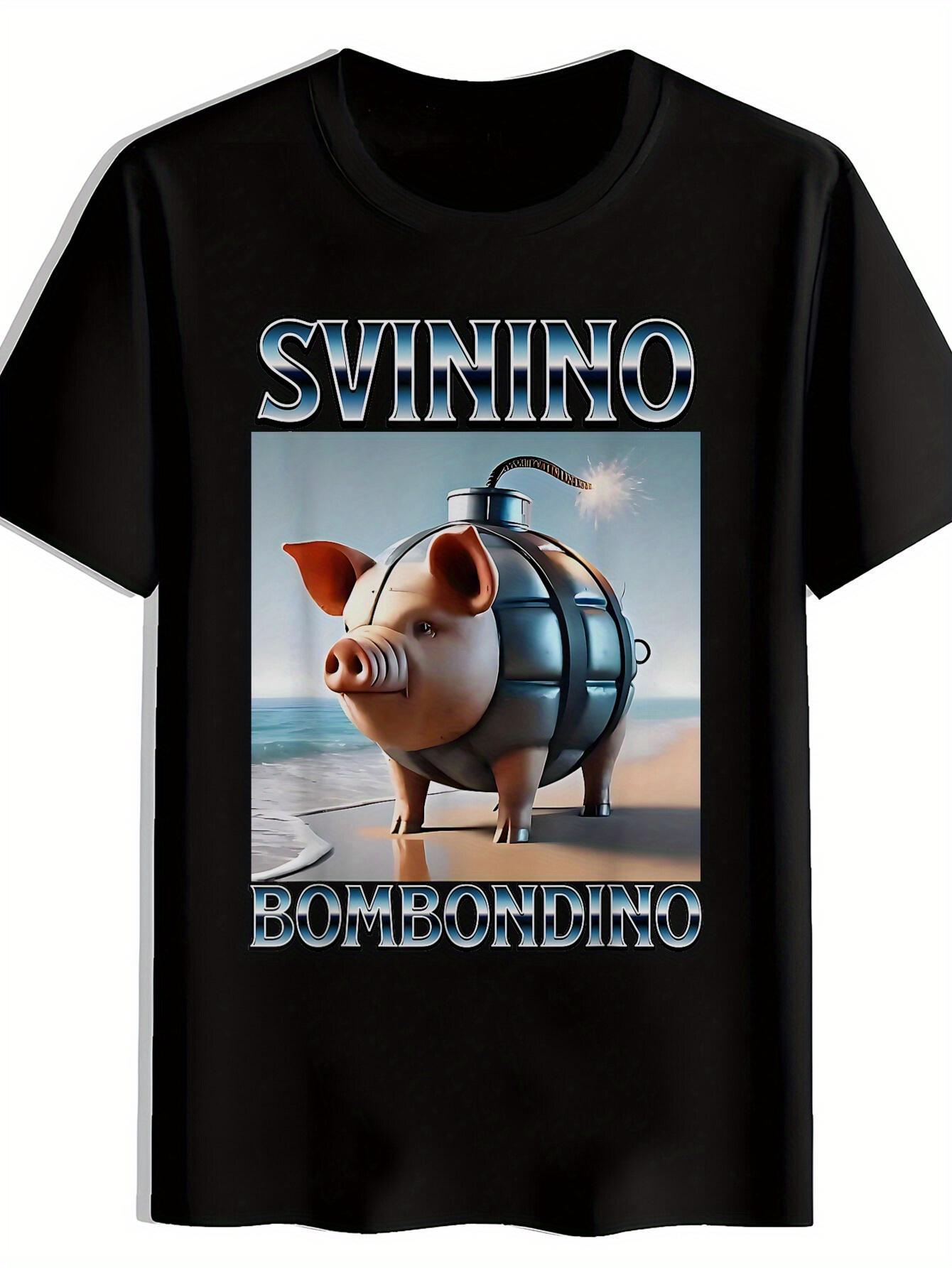 Casual Short Sleeve T-shirt with Cartoon Pig Bomb Graphic & SVININO BOMBANDINO Print - Black Polyester Summer Tee for Beach S