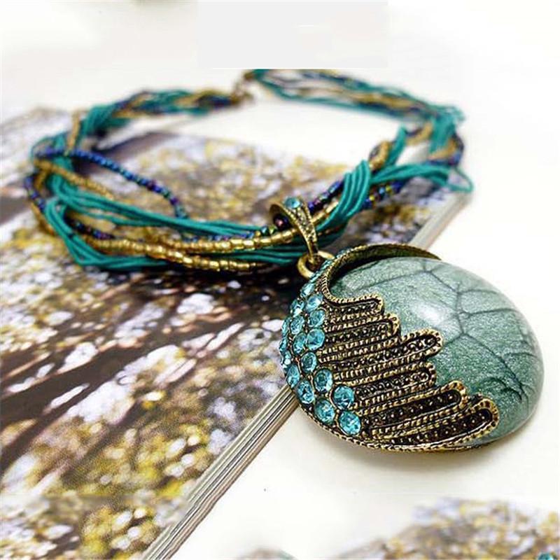 Women Bohemian Vintage Handmade Beaded Peacock Gemstone Pendant Necklace Jewelry Crystal Choker Ethnic Sweater Chain