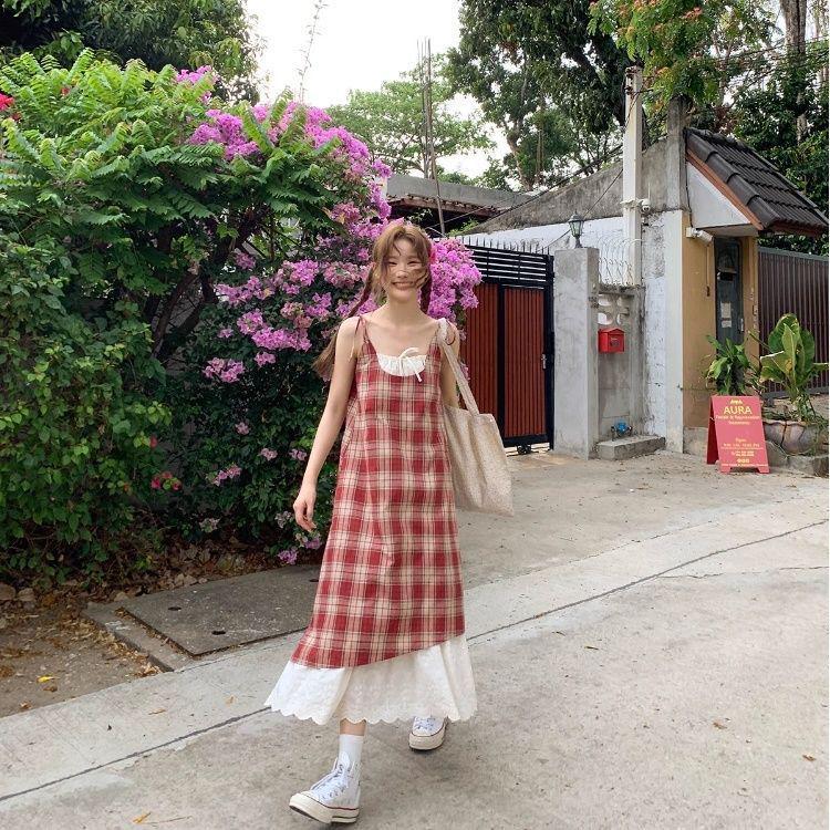 Lace Patchwork Plaid Sling Dress - Women's Summer 2025 New Loose Slimming Two-Piece Skirt.