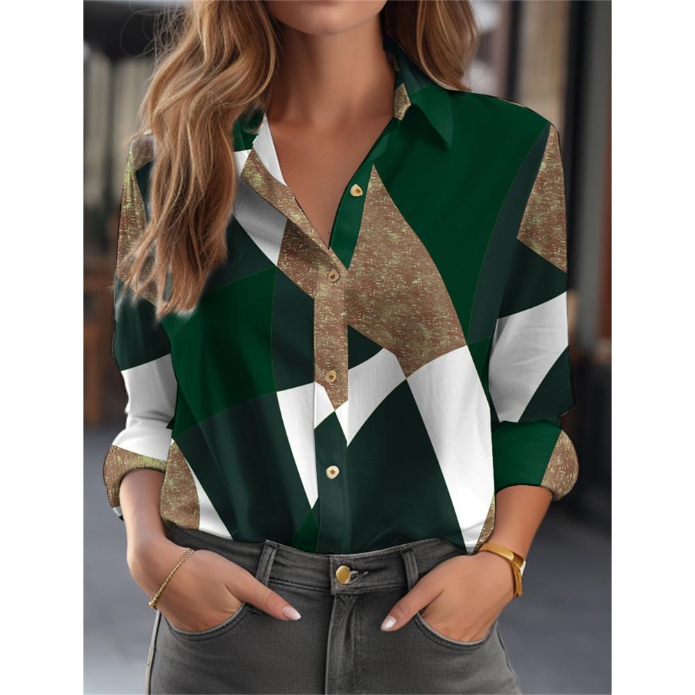 Women's  Fashion Geometric Buttons Blouse Lapel Neck Blouse Womens Long Sleeve Shirts Womens Clothing Female Clothing