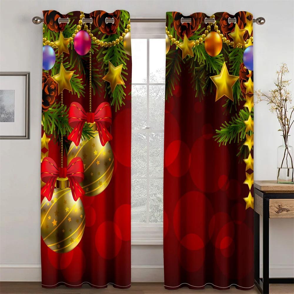 3D-Vorhänge mit lustigem Frohes Neues Jahr, Weihnachten, Weihnachtsmann, Schnee, Kamin, 2 Stück, dünne schattige Fenstervorhänge für Wohnzimmer, Schlafzimmer, Dekoration