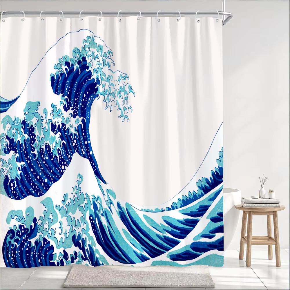 Japanese Wave Mount Fuji Plum Blossom Flower Printied Shower Curtain Waterproof Polyester Fabric Bathroom Curtains with 12 hooks